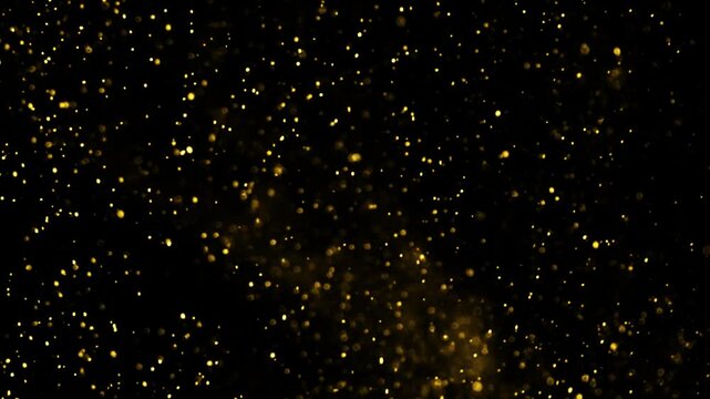 Gold Particles Moving Background. fast energy flying wave line with flash lights. Particle from below. Particle gold dust flickering on black background. Abstract Footage background for text.