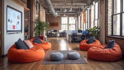 Cozy office space with bean bags and modern workstations.