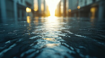 Obraz premium Sunset Reflection Over a Water-Paved Urban Street