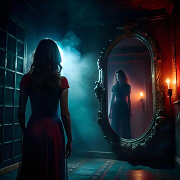 Spooky mirror reflection. Woman looking into a mirror seeing another woman. antique mirror in a dimly lit, dusty attic filled with old furniture and cobwebs.