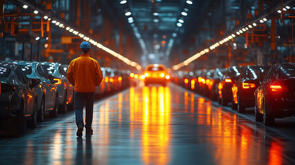 A worker walking through a car factory, with a background of factory lights and machinery