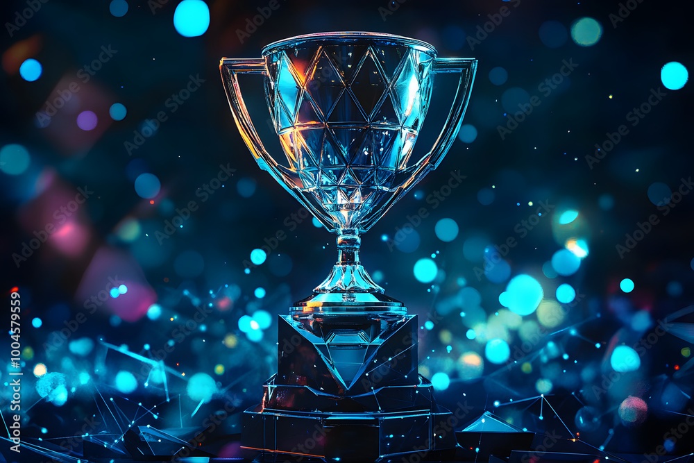 Poster Champion trophy with futuristic technology. Blue neon background.