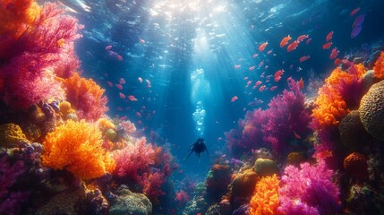Fototapeta premium Vibrant Underwater Coral Reef with Diver