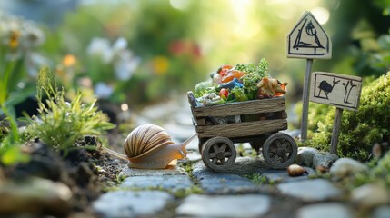 In a vibrant garden setting, a snail pulls a miniature wooden cart loaded with assorted vegetables, making its way along a stone path surrounded by flowers and greenery