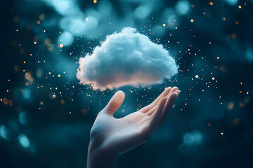 A hand holding a cloud in the air. Concept of wonder and awe at the beauty of nature