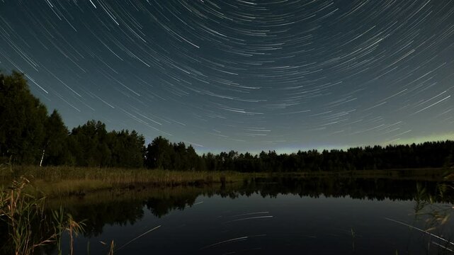 Time lapse of the comet-shaped star trails in the night sky over the lake. Stars move around a polar star. Reflection of stars in water. Epic video 4K
