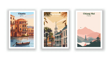 Obraz premium Chania, Greece, Charleston, South Carolina, Chiang Mai, Thailand - Vintage travel poster. Vector illustration. High quality prints