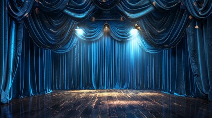 Stunning stage setup with elegant blue curtains and spotlight for theater or concert performances