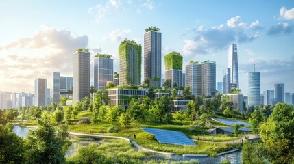 Fototapeta premium City skyline portraying the future of eco-friendly construction, with buildings equipped with green roofs, solar panels, and innovative design for sustainability