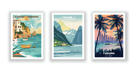 Coastal Campania, Italy, Coastal Norway, Colombo, Sri Lanka - Vintage travel poster. Vector illustration. High quality prints