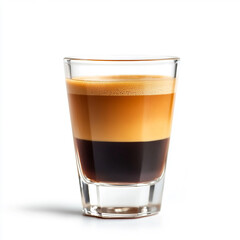 Double espresso coffee shot in a small transparent glass placed on white background