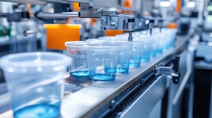 Production line with clear plastic cups being filled with blue liquid in a manufacturing facility during the day