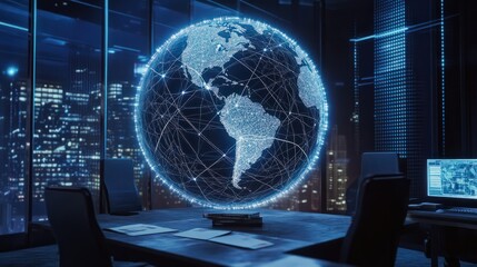 Digital globe with interconnected network lines, superimposed over a business office scene