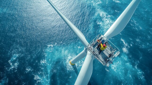 A man is on a boat in the ocean with a wind turbine