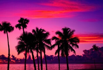 Obraz premium stunning vibrant palm tree silhouette colorful sunset sky rich tones purple casting beautiful shadows, colors, orange, pink, contrast, tropical, landscape