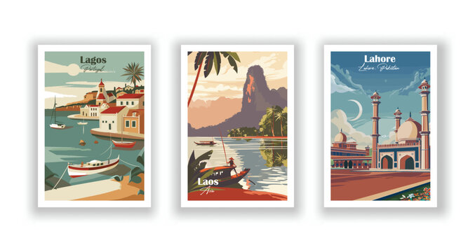 Lagos, Portugal, Lahore, Pakistan, Laos, Asia - Vintage travel poster. Vector illustration. High quality prints