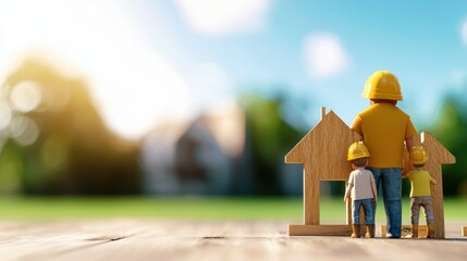 Family Team of Builders with Wooden Houses in Nature