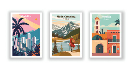 Medellín, Colombia, Mérida, Mexico, Métis Crossing, Alberta - Vintage travel poster. Vector illustration. High quality prints