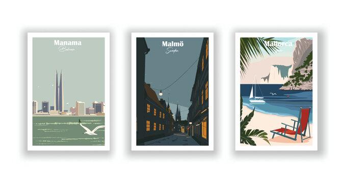 Mallorca, Spain, Malm&ouml;, Sweden, Manama, Bahrain - Vintage travel poster. Vector illustration. High quality prints