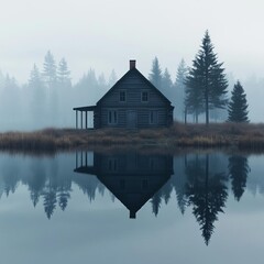 Abandoned cabin by foggy lake, reflection fading, 3D illustration