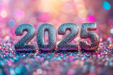 Glittering silver 2025 numbers with colorful bokeh lights and sparkling decor on a festive background, perfect for holiday promotions, New Year campaigns, party planners, jewelry stores, and luxury 