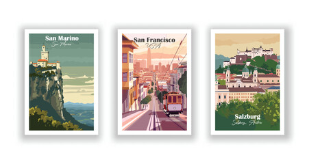 Fototapeta premium Salzburg, Austria, San Francisco, USA, San Marino, San Marino - Vintage travel poster. Vector illustration. High quality prints