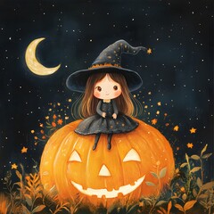 Fototapeta premium A cute little witch sitting on a large pumpkin with her hat tipped slightly, surrounded by twinkling stars and a crescent moon