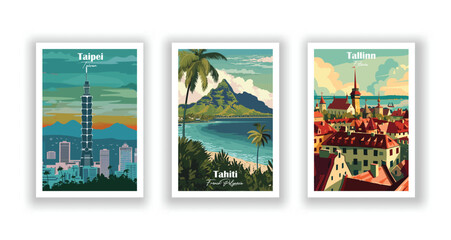 Obraz premium Tahiti, French Polynesia, Taipei, Taiwan, Tallinn, Estonia - Vintage travel poster. Vector illustration. High quality prints
