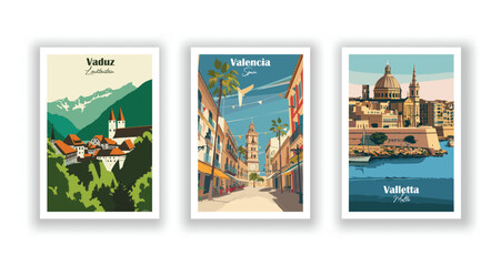 Vaduz, Liechtenstein, Valencia, Spain, Valletta, Malta - Vintage travel poster. Vector illustration. High quality prints