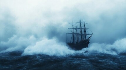 Obraz premium Dark ocean waves crashing through fog, isolated ship, 3D illustration