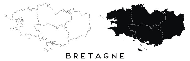 Obraz premium Bretagne map of regions districts vector black on white and outline