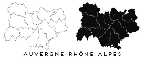 Auvergne Rhone Alpes map of regions districts vector black on white and outline