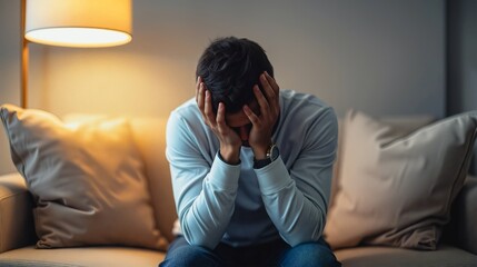 Man Experiencing Distress on Couch, A man sits dejectedly on a couch, hands clasped over his head, conveying feelings of anxiety, worry, or sadness.