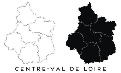 Centre Val de Loire map of regions districts vector black on white and outline