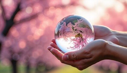 Crystal Earth Globe in Hands Celebrating Earth Day And Environmental Themes