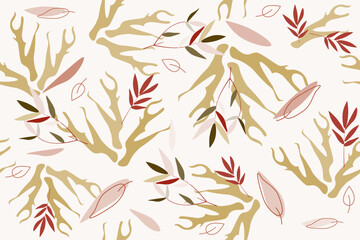 Seamless pattern of abstract branches with leaves on a light colored background. Vector illustration for fabric, wallpaper, packaging design