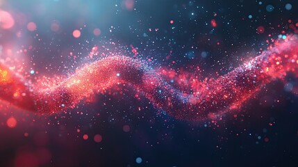 Fototapeta premium Abstract red and blue glowing particles swirling in a wave motion on a dark background.
