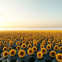 Obraz premium Fog drifting over sunflower field, golden glow, 3D illustration