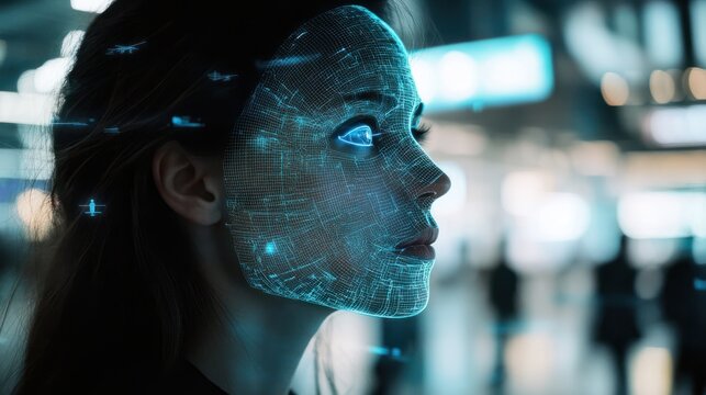 Woman at airport uses future facial recognition technology, depicted by digital face map overlay, symbolizing futuristic travel security