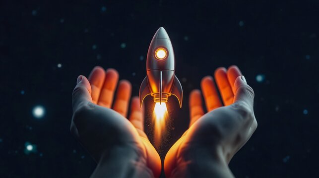 Launch Support - Launching Rocket Held by Hands, Two hands gently hold a small rocket ship poised for liftoff, emitting a bright orange glow against a dark background.