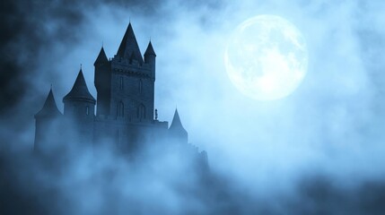 Naklejka premium Fog enveloping a medieval castle, eerie moonlight, 3D illustration