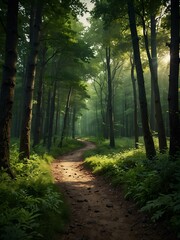 A beautiful green forest illustration with a pathway.