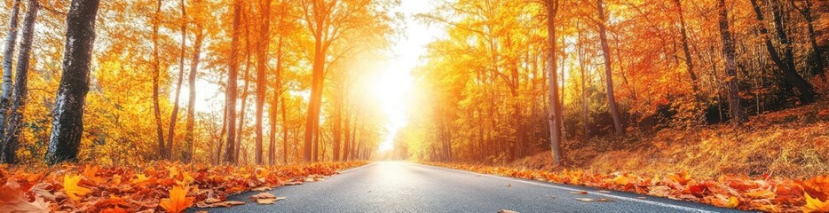 Obraz premium Close up view of long deserted asphalt road with beautiful autumn trees forest background wallpaper AI generated image