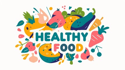  logo design for a health company featuring the text "HEALTHY FOOD" with various food