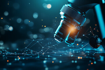 image of a medical microscope, symbolizing precision, scientific research, and advancements in healthcare technology with modern data connections
