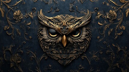 Ornament art carved with an owl head in a golden style design background wallpaper AI generated image