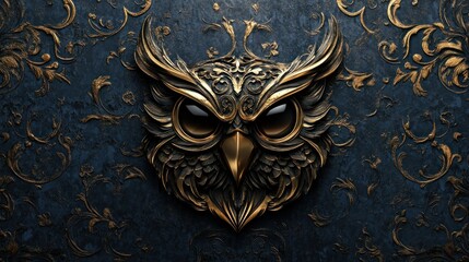 Ornament art carved with an owl head in a golden style design background wallpaper AI generated image