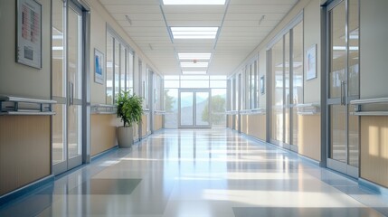 Obraz premium A bright hospital corridor with glass doors and potted plants, suggesting a healing environment.