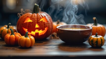 Carved pumpkin with Cozy Fall Soup, A carved pumpkin smiles beside a bowl of steaming soup on a rustic wooden table, surrounded by small pumpkins.