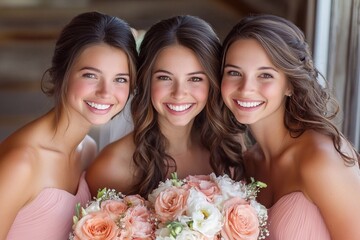 the bridesmaids and the bride are smiling